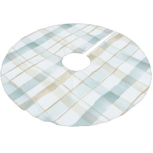 Jupon De Sapin En Polyester Brossé Noël à carreaux bleu crème blanc