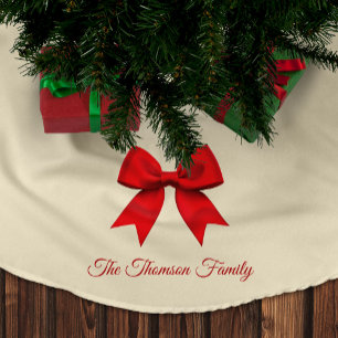 Jupon De Sapin En Polyester Brossé Noël avec nom de famille personnalisé Ruban Rouge