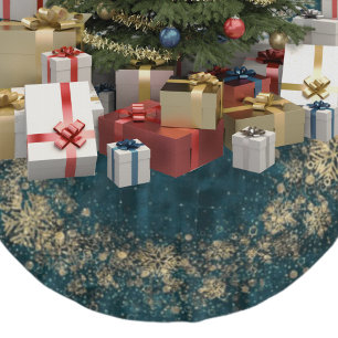 Jupon De Sapin En Polyester Brossé Noël Flocons de Neige Velours Sarcelle Foncé Or Él