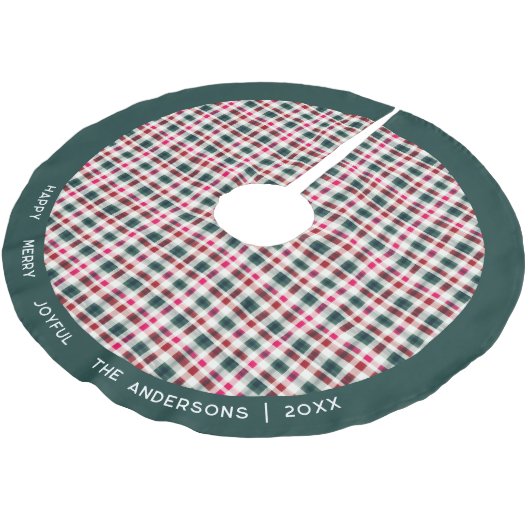Jupon De Sapin En Polyester Brossé Noël Plaid moderne | Joyeux Joyeux (Angle)
