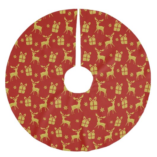 Jupon De Sapin En Polyester Brossé Noël Red Gold Reindeer Xmas Présent Snowflake (Devant)