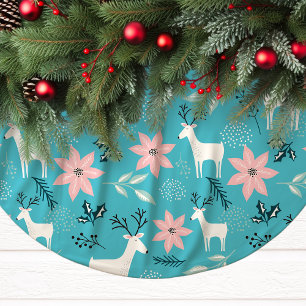 Jupon De Sapin En Polyester Brossé Noël Renneaux Fantaisistes et Poinsettias