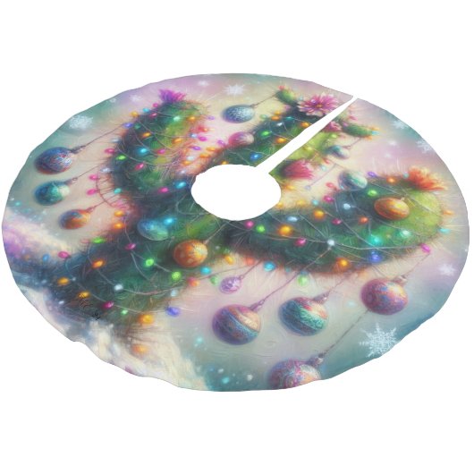Jupon De Sapin En Polyester Brossé Noël Saguaro Arbre Cactus Whimsical Turquoise rose (Angle)