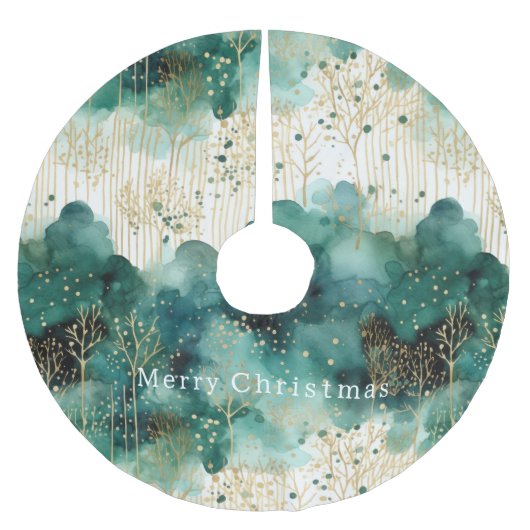 Jupon De Sapin En Polyester Brossé Noël Vert Or Blanc Arbres (Devant)