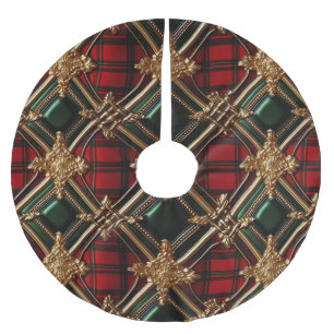 JUPON DE SAPIN EN POLYESTER BROSSÉ NOËL VERT ROUGE & OR PLAID MOTIFS