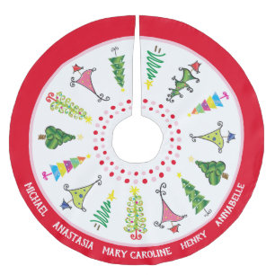 Jupon De Sapin En Polyester Brossé Noms de famille lunaires Arbres de Noël rose roug