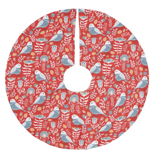 Jupon De Sapin En Polyester Brossé Oiseau nordique bleu sur rouge (Devant)
