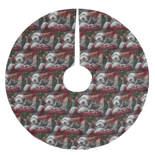 Jupon De Sapin En Polyester Brossé Old English Sheepdog Festive de Noël (Devant)