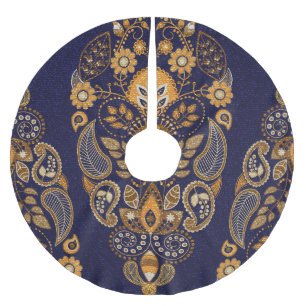 Jupon De Sapin En Polyester Brossé Or et bleu, motif sans couture fleurie.
