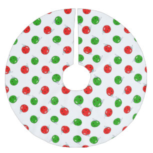 Jupon De Sapin En Polyester Brossé Ornements de Noël de Pickleball Rouge Vert sur Bla