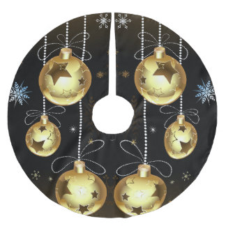Jupon De Sapin En Polyester Brossé Ornements dorés de Noël Étoiles brillantes Noir