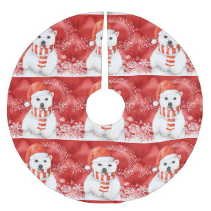 Jupon De Sapin En Polyester Brossé ours blanc dans un casquette de père Noël - blan