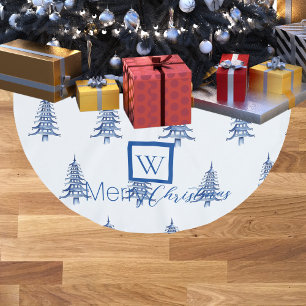 Jupon De Sapin En Polyester Brossé Pagode Bleue Arbre de Noël Motif monogramme