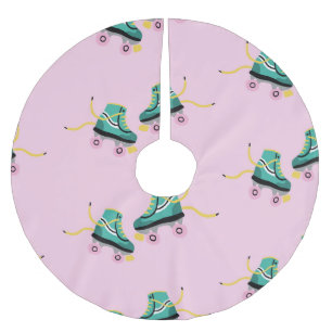 Jupon De Sapin En Polyester Brossé Patins à rouleaux rétrogrades : motif rose.