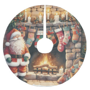 Jupon De Sapin En Polyester Brossé Père Noël au coin de la cheminée Chaussettes de No