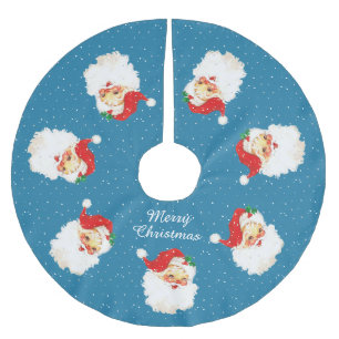 Jupon De Sapin En Polyester Brossé Père Noël vintage et flocons de neige sur fond ble