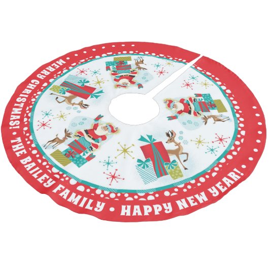 Jupon De Sapin En Polyester Brossé Personnalisable Retro Père Noël Avec Cadeaux (Angle)