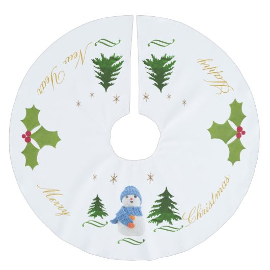 Jupon De Sapin En Polyester Brossé Personnaliser, Snowman, sapin de Noël, brindille (Devant)