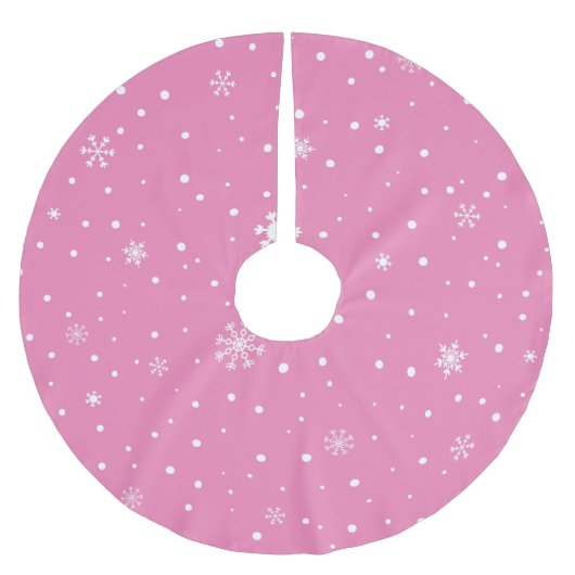 Jupon De Sapin En Polyester Brossé Pink Christmas White Snowflakes & Pois (Devant)