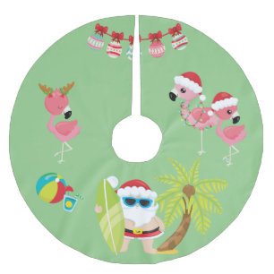Jupon De Sapin En Polyester Brossé Plage tropicale Père Noël et Flamants roses