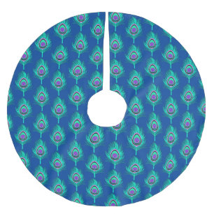 Jupon De Sapin En Polyester Brossé Plumes de paon, Aqua sur le bleu profond de Cobalt