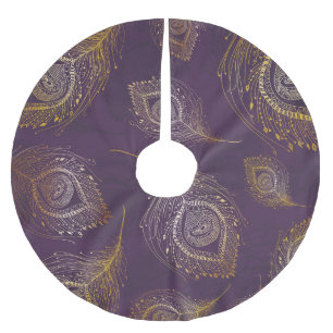 Jupon De Sapin En Polyester Brossé Plumes de paon or, arrière - plan violet.