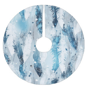 Jupon De Sapin En Polyester Brossé Plumes tombantes : Aquarelle bleue sans joint
