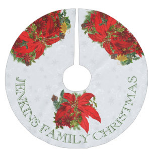 Jupon De Sapin En Polyester Brossé Poinsettias et flocons de neige blancs avec texte