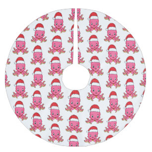 Jupon De Sapin En Polyester Brossé Poulpe mignon et heureux portant un chapeau de Noë