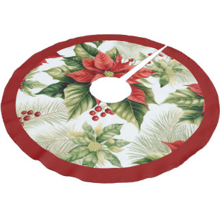 Jupon De Sapin En Polyester Brossé Red Green Poinsettia Holly Berry Festin Noël