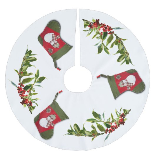 Jupon De Sapin En Polyester Brossé Red Holly Berries et Snowman Christmas Stocker (Devant)
