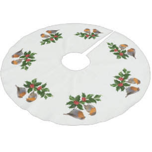 Jupon De Sapin En Polyester Brossé Red Joyeux Noël Holly Berries Xmas oiseau