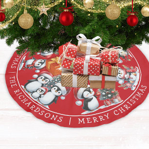 Jupon De Sapin En Polyester Brossé Red Joyeux Noël mignonne Penguins Famille Festif