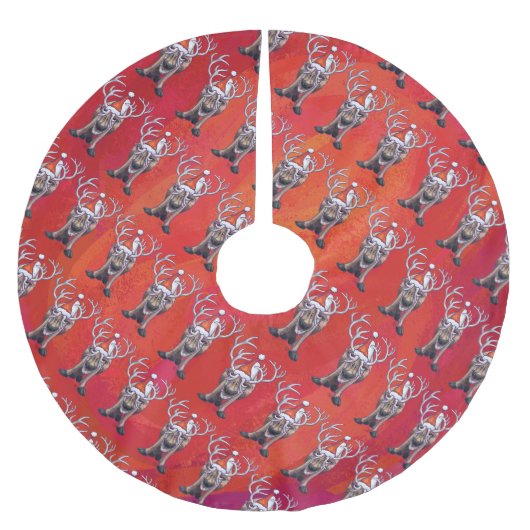 Jupon De Sapin En Polyester Brossé Reindees Noël Sur Vert (Devant)