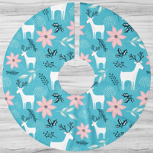 Jupon De Sapin En Polyester Brossé Rennes et Poinsettias de Noël