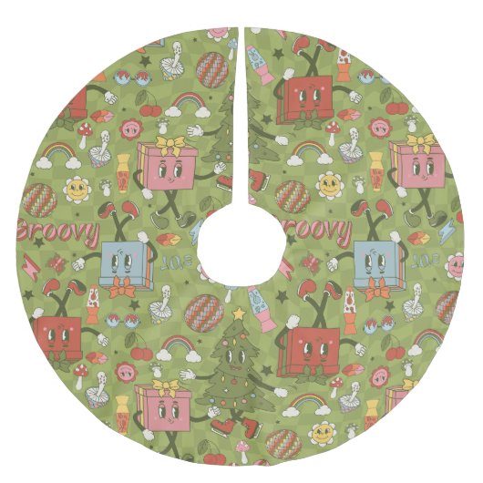 Jupon De Sapin En Polyester Brossé retro groovy 1970 disco christmas tree green check (Devant)