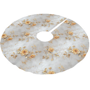 Jupon De Sapin En Polyester Brossé Roses Fleurales Or Perle