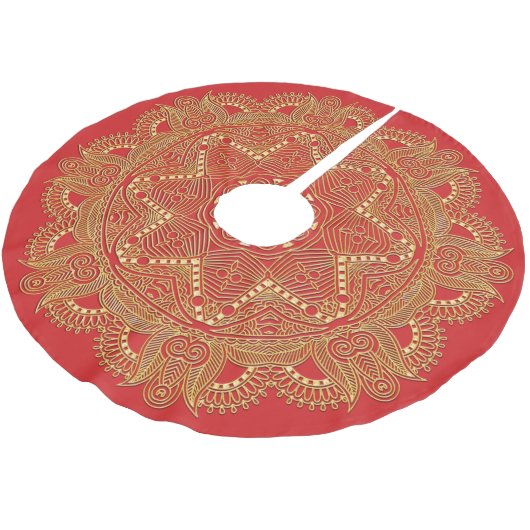Jupon De Sapin En Polyester Brossé Rouge Elegant Chic Golden Mandala Flower Art Motif (Angle)