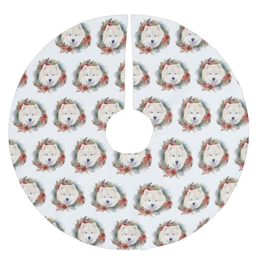 Jupon De Sapin En Polyester Brossé Samoyed Christmas Wreath Festive Pup (Devant)