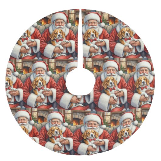Jupon De Sapin En Polyester Brossé Santa Claus Holding Beagle Christmas Art (Devant)