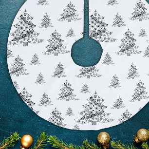Jupon De Sapin En Polyester Brossé Sapins de Noël Motif Doodle Noir & Blanc