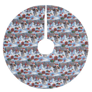 Jupon De Sapin En Polyester Brossé Scène de neige festive de Noël avec un épagneul br