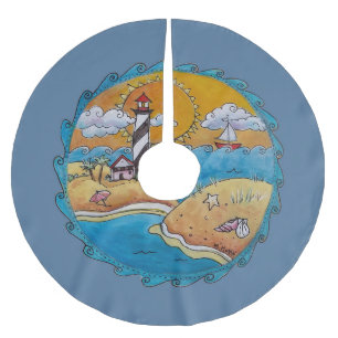 Jupon De Sapin En Polyester Brossé Scène de plage de phare fantaisiste, art folkloriq