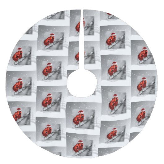 Jupon De Sapin En Polyester Brossé Scène d'hiver argenté avec deux oiseaux cardinaux  (Devant)