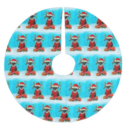 Jupon De Sapin En Polyester Brossé Schnauzer dans la neige avec cadeaux de Noël (Devant)