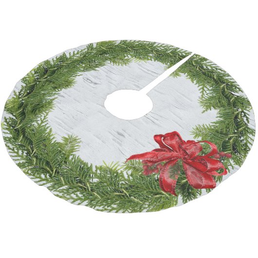 Jupon De Sapin En Polyester Brossé Serre de Noël Avec Bow rouge sur bouleau (Angle)