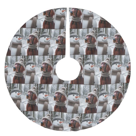 Jupon De Sapin En Polyester Brossé Setter irlandais de Noël avec Snowman (Devant)