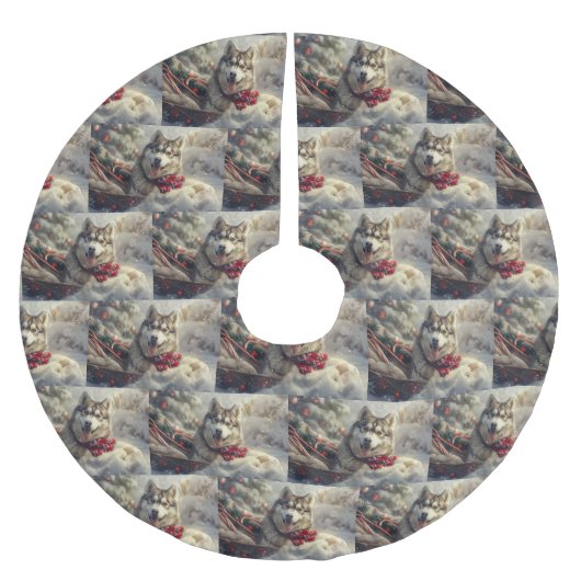 Jupon De Sapin En Polyester Brossé Sibérie Husky Chien Festif de Noël (Devant)