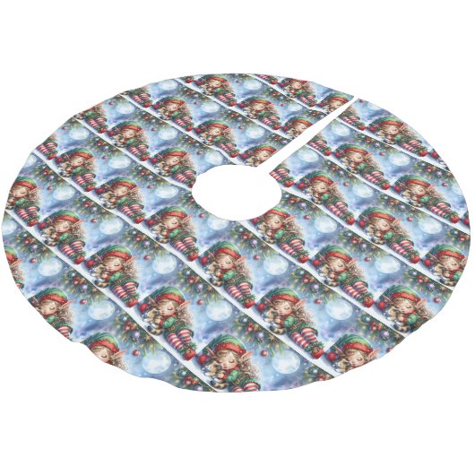 Jupon De Sapin En Polyester Brossé Sleeping Christmas Elf with Calico Kitten (Angle)