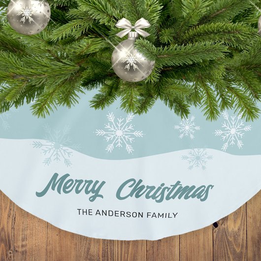 Jupon De Sapin En Polyester Brossé Snowflakes Turquoise Script moderne Noël